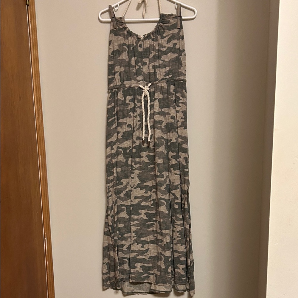 Skinny Girl long 100% cotton camo print dress reps ties left side split size S
